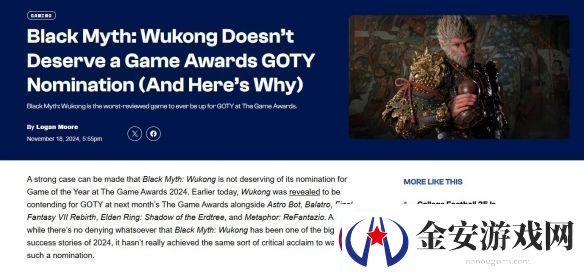 狗急跳墙！外媒发长文称黑神话不配TGA年度最佳